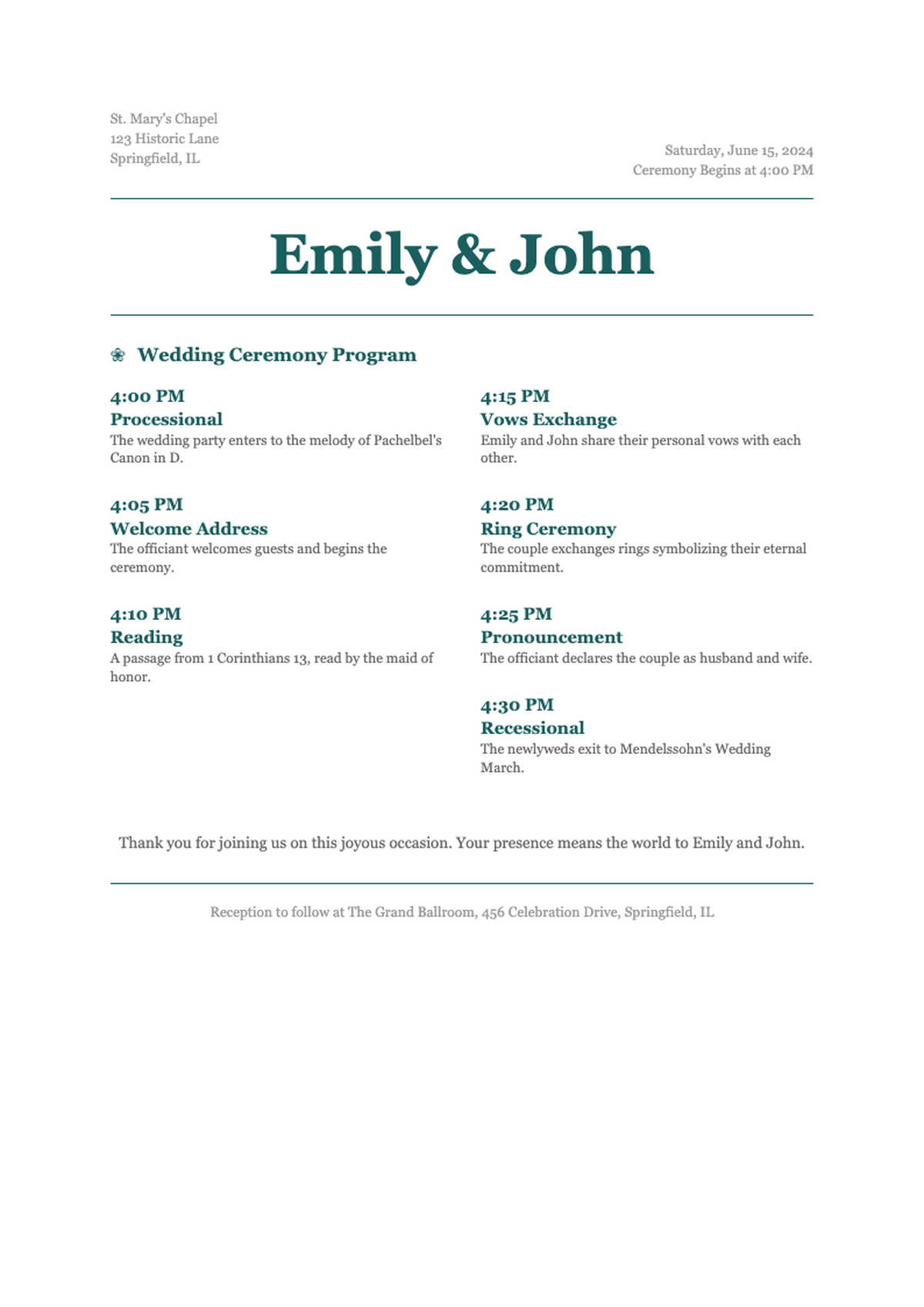 Elegant wedding ceremony timeline program with floral church illustration_variant_3